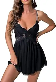 [Hamefen] dream love Women's Lingerie Sexy Nightwear Spaghetti Strap Nightgown Modal Babydoll Chemise Black Medium, 02-black, Medium