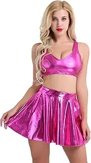 [TiaoBug] Women's Swinwear Wet Look Shiny Metallic Crop Tank Top with Pleated Skirt Clubwear 2Pcs Set