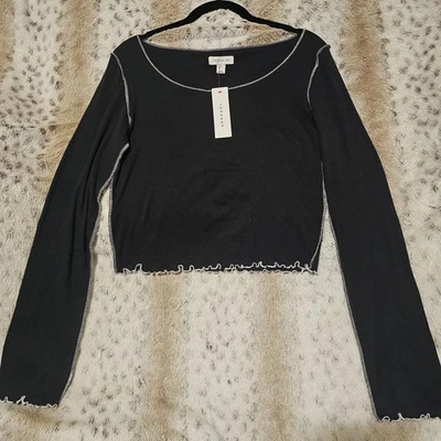 TopShop Lettuce Edge Contrast Stitch Long Sleeve T-shirt Black 12 NWT