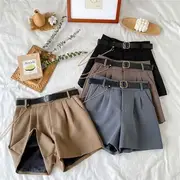 High-Waist Dress Shorts with Chained Faux Leather Belt Black - M