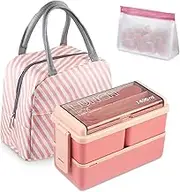 NatraProw Bento Box Adult Lunch Box, Stackable Bento Box Set with 3 Compartments, 47.35OZ Lunch Box Containers with Lunch Bag, Snack Bag and Utensils, Microwave/Dishwasher Safe (Pink)