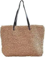[sornean] Large Knitted Straw Bag 100% Handmade Summer Beach Tote Bag Top Magnet Clasp Shoulder Bag brown Size: Large