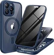Magnetic for iPhone 15 Pro Max Case, [Dustproof Design] Compatible with MagSafe, Built-in 9H Tempered Glass Screen Protector + Privacy Screen Protector & Upgraded Camera Protection, Dark Blue