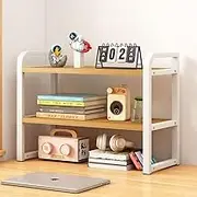 Hbluefat Desktop Organizer Shelf, 2-Tier Adjustable Desk Bookshelf, Tabletop Small Wood Bookcase, Multipurpose Display Storage Rack for Home Office (Wood+White)