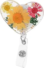 jojofuny Heart Shaped Dried Flower Badge Reel Retractable Nurse Id Badge Holder with Alligator Clip Lightweight and for Nurses and Teachers Floral Design