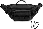 Tactical Fanny Pack,Small Fishing Tackle Bag Water-Resistant Military Waist Bags Portable Fishing Storage Waist Packs for Outdoor Fly Fishing Hiking Climbing with 2 PCS Mini Carabiners, Black, Outdoor