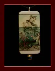 MERMAIDS GET TOGETHER - VINTAGE POSTCARD DESIGN PENDANT WITH MATCHING BOX