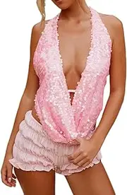 [Generic] Y2K Women's Sequined Backless Cropped Top Sexy Backless Beaded Camisole with Pearl Decoration for Parties and Night Out
