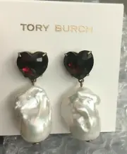 Tory Burch CRYSTAL HEART & PEARL DROP EARRINGS Burgundy Smoky Topaz (New)