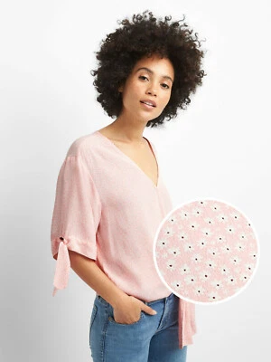 GAP Women's Short Sleeve Wrap-Front Tie Blouse, Pink Floral, Size L, NWT