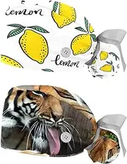 [WOSHJIUK] Working Hat 2 Pack Scrub Caps for Women,Yellow Fruit Lemon Print,Tie Back Cap Adjustable Scrub Hat