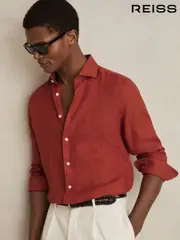 Reiss Paprika Red Ruban Linen Button-Through Shirt (AP6312) | $195