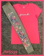Victoria's Secret Pink SS Tee Shirt + Tie Dye Leggings Set Capri Pink Gray XL