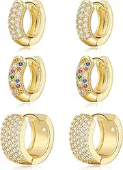 [LYLYMIMI] Women's Small Gold Earrings Set with Colored Diamonds and Solid Silver Pillars, Thick Gold Loop Earrings Set