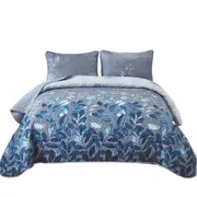 Blue Leaf Soft Bedspread Set Quilted Coverlet Bedding Comforter