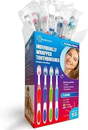 Bulk Toothbrushes - 55 Pack Individually Wrapped, Medium Bristles, Multi-Colored for Adults and Kids
