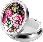 WLLHYF Pill Box Cute Small Pill Box for Purse & Pocket Medicine Organizer Travel Pillbox Waterproof Pill Case Metal Pill Container Holder for Vitamins, Fish Oil, Supplements (Silver Peony)