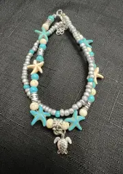 Anklet Double Strand beaded with turtle charm silver/aqua