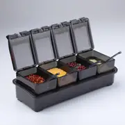 Black Seasoning Box,4 Pieces Seasoning Storage Container Cruet for Home Kitchen,Condiment Jars with Cover and Spoon for Spice Salt Sugar Storage
