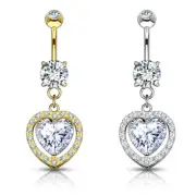 Belly button Ring 14kt Solid Gold Heart Dangle with Heart Shaped Solitaire CZ