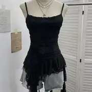 Asymmetrical Ruffle Trim Lace Panel Mesh Slim Fit Camisole Top Black - One Size