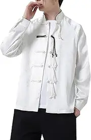 [Generic] Spring and Summer Tang Suit,Neutral Chinese Style Spring and Summer Jacquard Design Long-Sleeved Stand-Up Collar Shirt Buttoned Tang Suit（White,Black）