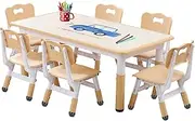 JIAOQIU Kids Table and Chairs, Kids Table (6 Chairs) Kids Table and Chair Set, Toddler Table and Chairs, Kids Table and Chair Set 5-8 Year Old with 4 Leg Covers +12 Color pens