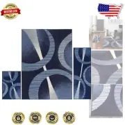 Stylish 3-Piece Indoor Rug Set: Navy Blue Geometric Design - Easy Care