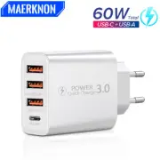 USB C Charger 60W Fast Charge Charger 4Ports PD TypeC Quick Charge3.0 Wall Power