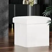 Artiss Storage Ottoman Foot Stool, Folding Lounge Foot Pouf Vanity Stool Make Up, Square Foldable Padded Seat Rest Home Decor Bedroom Hallway Office Living Room Furniture, Teddy Fabric, White