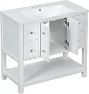 36 Inch Bathroom Vanity with Sink Wood Bathroom Vanity Bathroom Sinks with Cabinets Vanity Cabinet with 4 Drawers & Soft Closing Doors, White,White