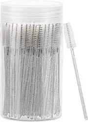 100 Pcs Disposable Mascara Wands, Crystal Eyebrow Spoolies Brush for Eyelash Extensions, Lash Brushes with Container (White)