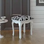 Vintage Dressing Stool with Curved Black Legs and Thickly Padded Cushion, 40 x 30 x 47 cm, Luxurious Warm White and Light Grey Patterned Seat
