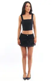 Black Floral Mini Skirt Elastic Waist Skater Layered Burnout - Size 16XL, Women's Mini Skirt