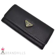 Prada Long Wallet Bifold Men'S Women'S Vitello Phoenix Leather Nero Pass Case In