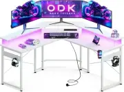 Gaming Desk with LED Lights & Power Outlet, Computer Desk