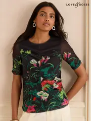 Love & Roses Black Floral Print Ruched Front Mesh Short Sleeve Top (F04549) | $65