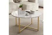 DREAMO Round Coffee Table White Marble Effect with Gold Legs
