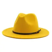 Women Wool Fedora Hat with Belt Buckle Classic Felt Wide Brim Panama Hat Yellow