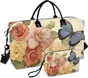 [YXYZRMY] Retro Flowers Butterfly Travel Duffel Bag Gym Bag Sports Tote Bag with Multiple Interior Pockets Shoulder Weekender Bag for Women Men with Toiletry Bag 20.5”x 7.9”x 13.8”, Multi-Colored, one
