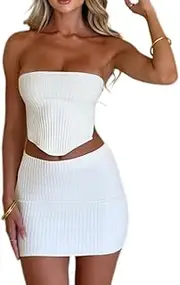 [Generic] Women's Sexy Summer 2-Piece Set Reveal Navel Top Skinny Mini Skirt Set Knitted Dress