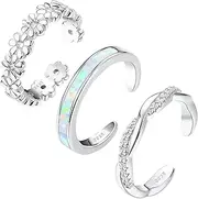 [JeryWe] 3Pcs 925 Sterling Silver Toe Rings for Women Adjustable 14K White Gold Plated Flower Twist Opal Band Rings Summer Beach Open Toe Rings Foot Jewelry Set