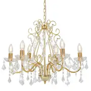 Chandelier with Crystal Beads Golden Round 6 x E14 vidaXL