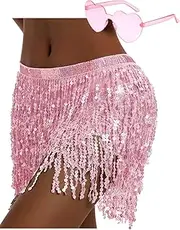 [SHENYI] Sequin Skirt Fringe Skirt Belly Dance Hip Skirt Rave Party Costume Sparkle Skirt with Heart Sunglasses for Women and Girls