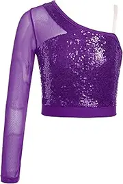 [Kvysinly] Kids Girls Sequins Dance Crop Top Mesh Long Sleeve One Shoulder Tshirt Jazz Hip Hop Disco Ballet Dancewear