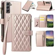 [Boyobacase] for Samsung Galaxy S21 FE 5G Wallet Case,for Galaxy S21 FE 5G Case, PU Leather Wallet Flip Cover Stand Feature[6 Card Slots] [1 Zipper Coin Pocket] with Wrist Strap-Rose Gold