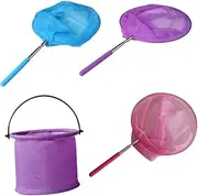 Kisangel 4pcs Retractable Stainless Steel Telescopic Nets Extendable Bug Catching Nets with Non Slip Handle Pocket Design for Insect and Butterfly Catching Purple Includes Purple Bucket