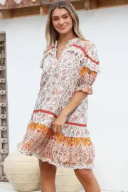 JAASE - Addy Mini Dress: Statement Balloon Sleeve Button Down Dress in Quincy Print