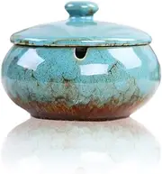 TOMVAES Ceramic Ashtray with Lids,Windproof Rainproof Cigarette Ashtray for Indoor or Outdoor Use,Travel Portable Ash Tray Desktop Smoking Ash Tray for Home Office Decoration(Blue)