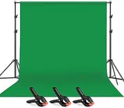 Eacam 2 * 3m/6.6 * 10ft Studio Photography Green Screen Backdrop Background Washable Polyester-Cotton Fabric with 2 * 3m/6.6 * 10ft Backdrop Support Stand Bracket + 3pcs Backdrop Clamps